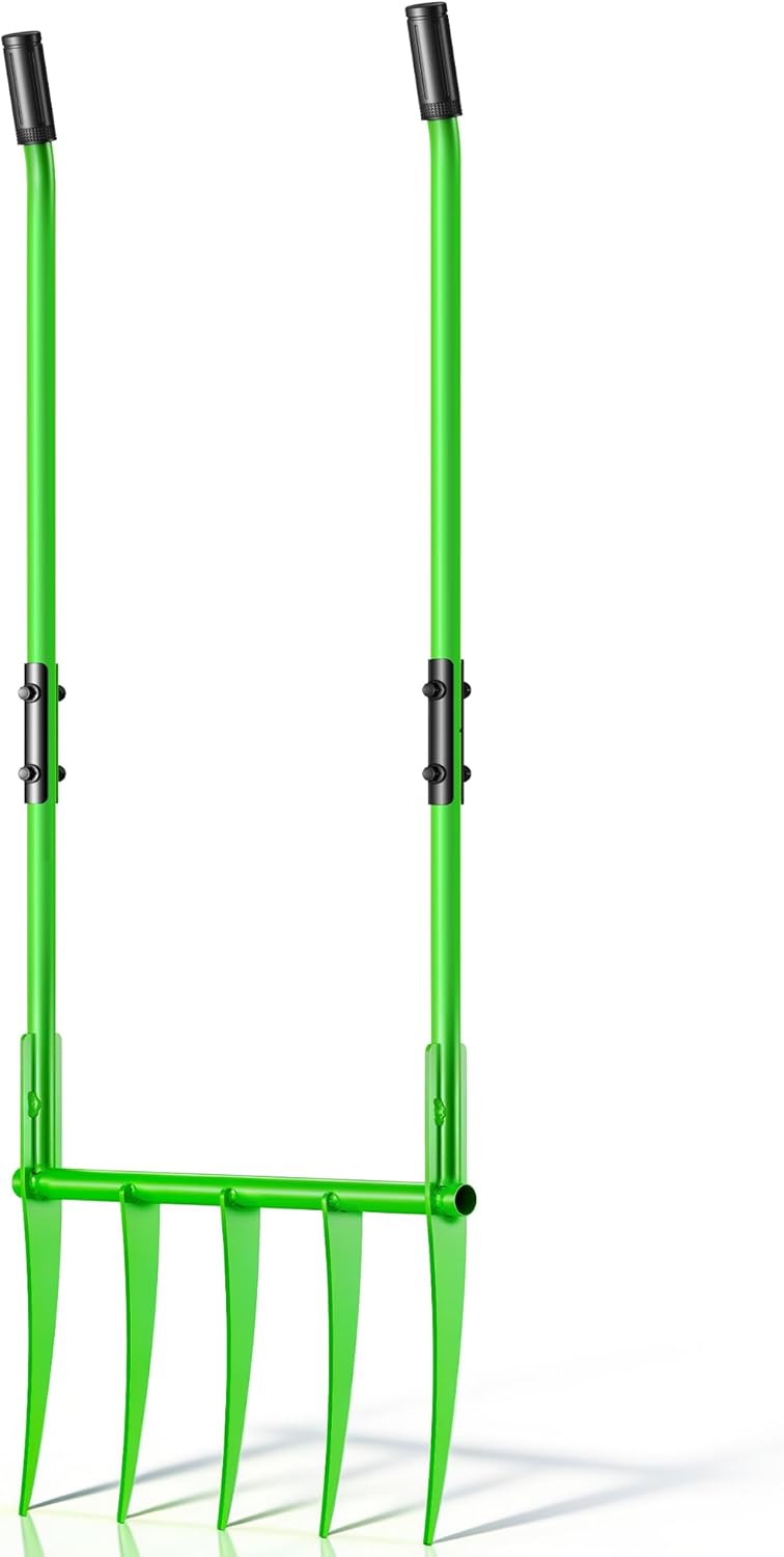 56” Heavy Duty Broadfork for All the Soils, Unbreakable Pitchfork, 5 Sharp Cambered 11” Tines Bord Fork Garden Tool, Ergonomic Handles, Good Package, Easy Assembly, Cultivator & Tiller, Green.