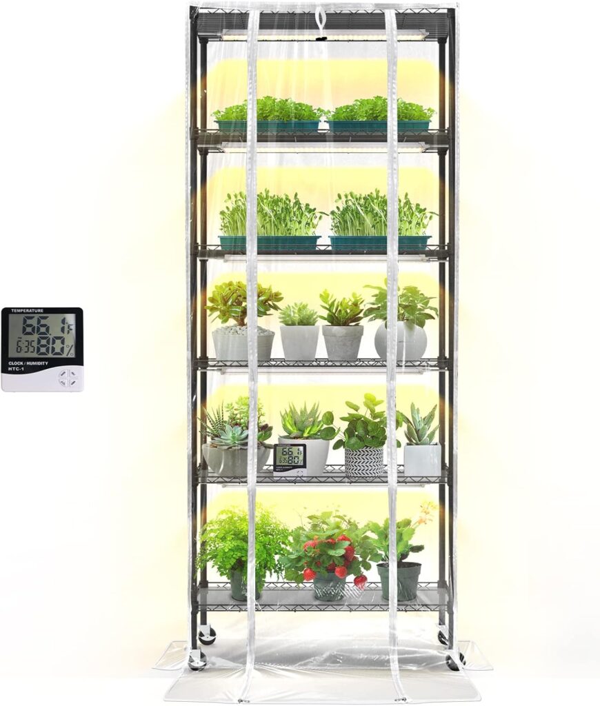 Bstrip Indoor Greenhouse with Grow Light, DIY Plant Shelf with Cover, 6 Tier Plant Stand, 5 Pack 150W Full Spectrum Grow Lights with 3 Color Mode For Indoor Plants, Seed Starting, 29.5″L×13.8″W×71″H